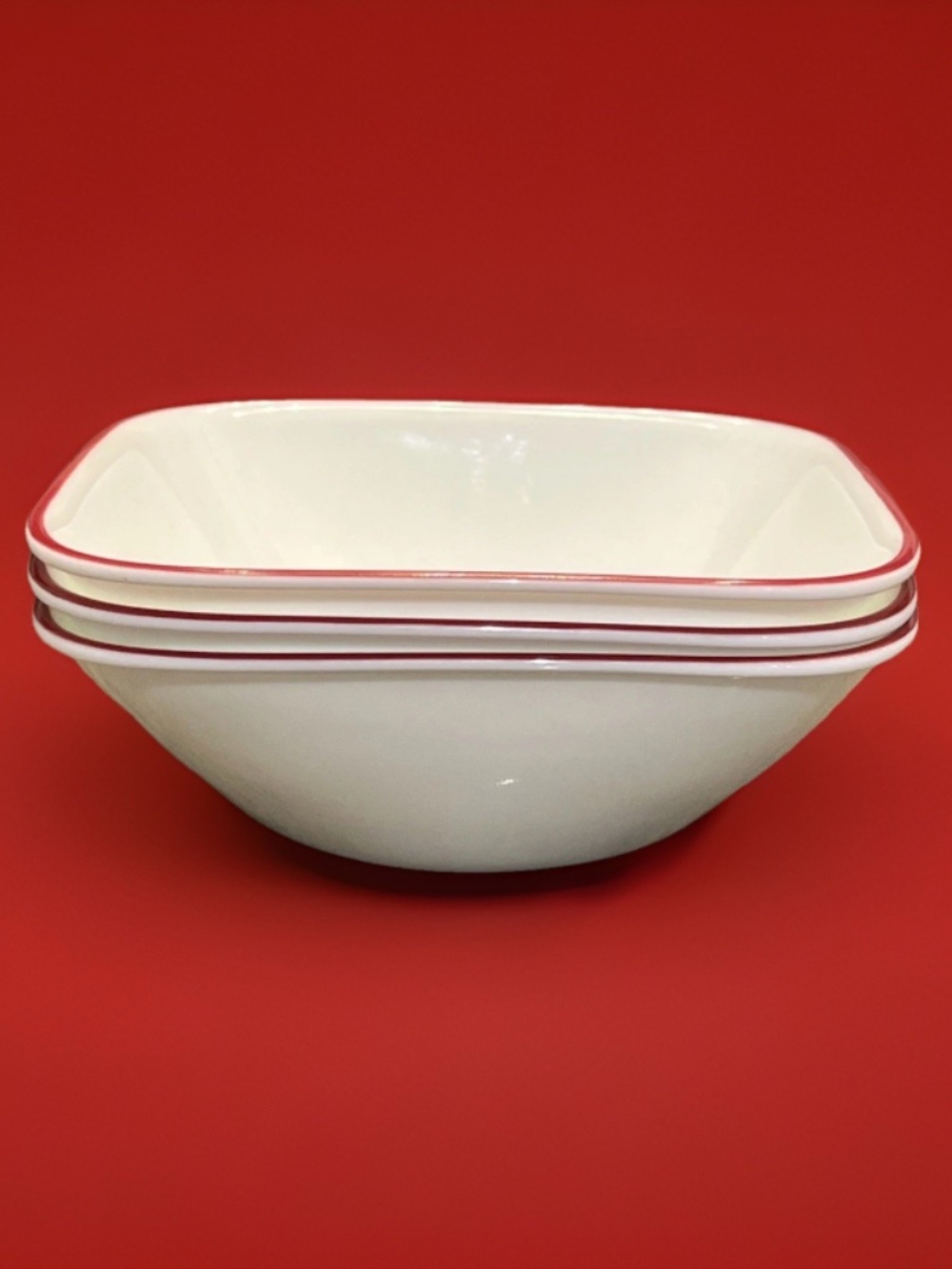 Corelle Vitrelle Splendor Square cereal Bowls Red Rim 6 3/8” Set of 3